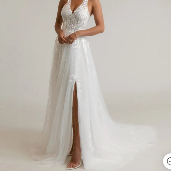 Azazie Dysis Diamond White A-Line Halter Sequins Tulle Wedding Dress - Picture 3 of 15